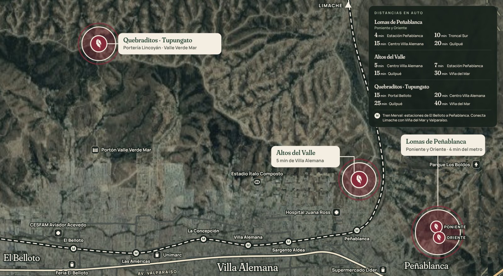 Mapa ilustrativo de Villa Alemana y Peñablanca: Lomas de Peñablanca Poniente y Oriente al oriente de la estación Peñablanca, Altos del Valle en el sector Cajón de Lebu, al norte de Peñablanca, y Quebraditos y Tupungato junto a la Portería Lincoyán de Valle Verde Mar, sobre Belloto Norte.